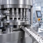 Rundlauf-Tablettenpresse aus Edelstahl mit Touchscreen-Bedienfeld und Förderband für gepresste Tabletten in einem Reinraum