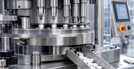 Rundlauf-Tablettenpresse aus Edelstahl mit Touchscreen-Bedienfeld und Förderband für gepresste Tabletten in einem Reinraum
