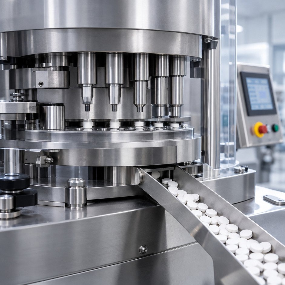 Rundlauf-Tablettenpresse aus Edelstahl mit Touchscreen-Bedienfeld und Förderband für gepresste Tabletten in einem Reinraum